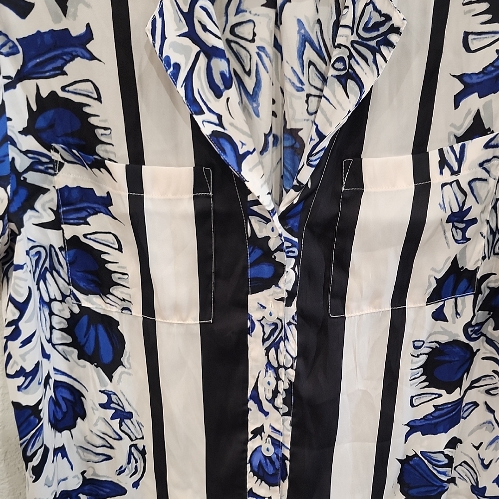 Anthropologie Maeve Classic Surf Top Blue Black Tropical Button Down Resort Top - Picture 7 of 10